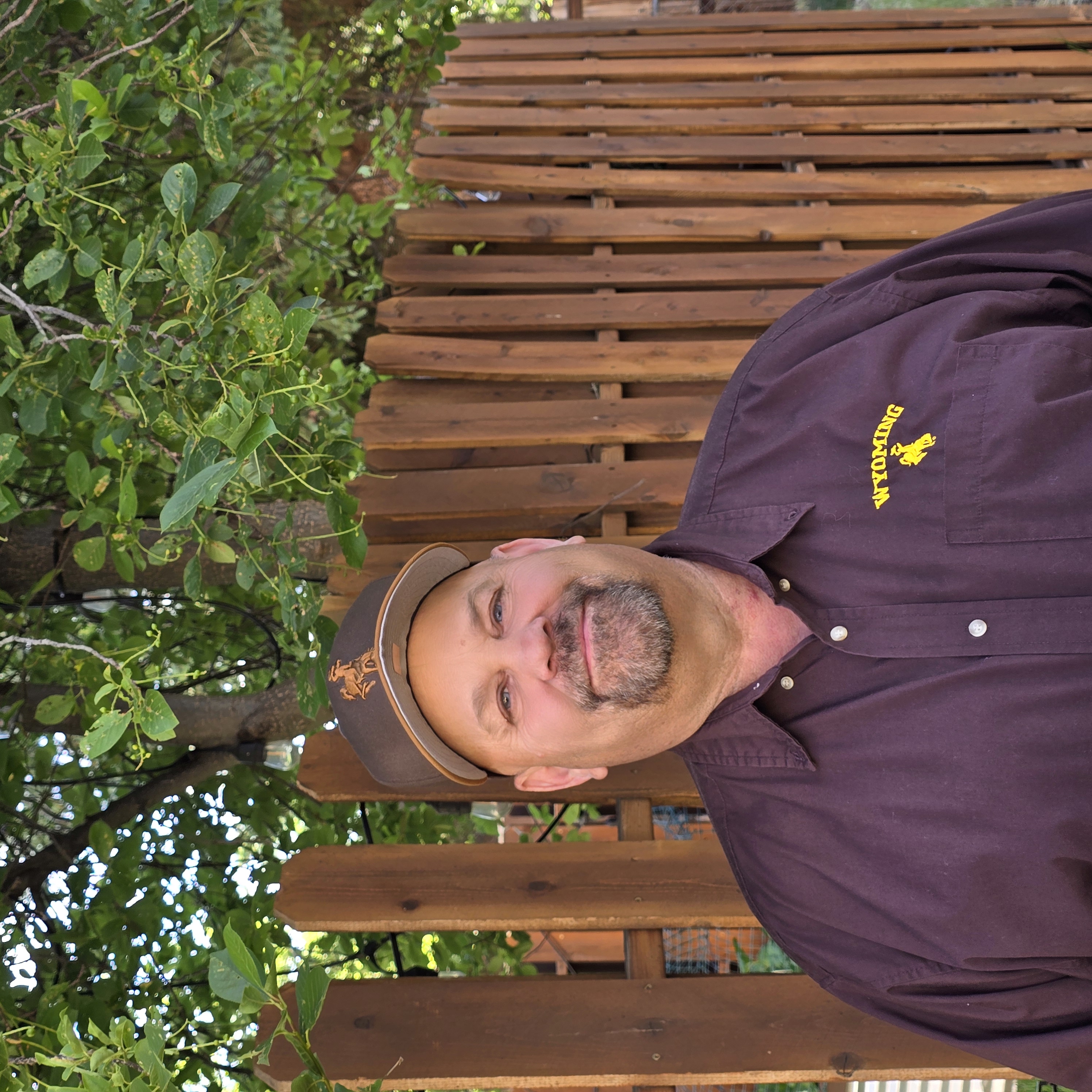 Shane Swett outdoors in his Wyoming shirt — lifelong Laramie resident and Republican candidate for Wyoming House District 13