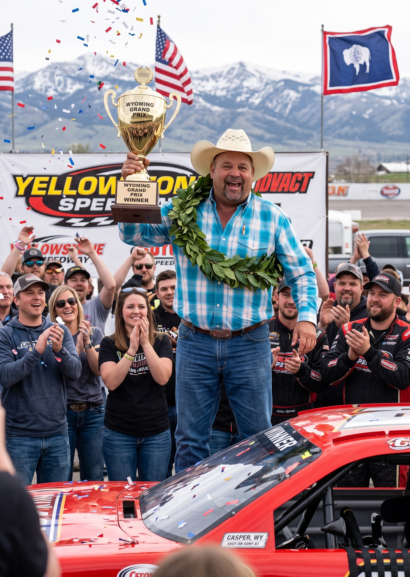 Shane Swett in victory lane holding the Wyoming Grand Prix winner's trophy, surrounded by confetti and American and Wyoming flags