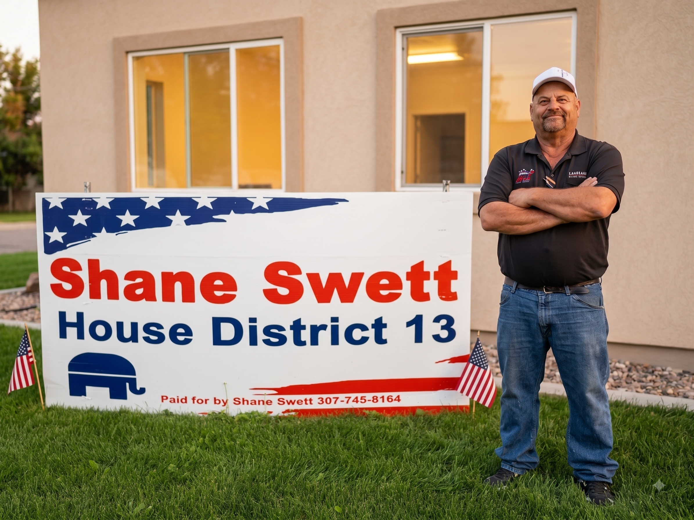 Shane Swett standing next to a Shane Swett for House District 13 campaign yard sign in a Laramie neighborhood